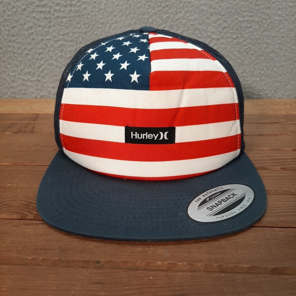 Hurley Hat Adult Red White Blue Snapback Mesh Back Cap Patriotic USA Flag Surfer